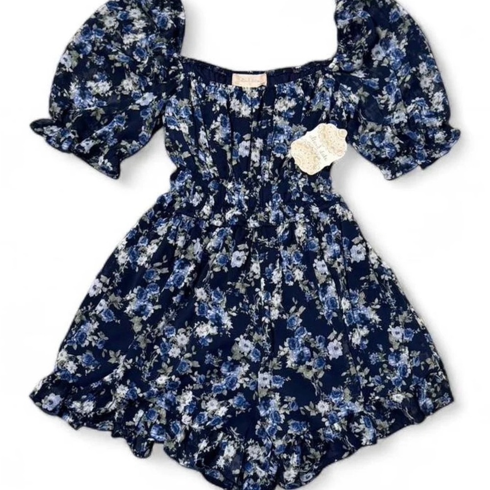 Altar’d state navy Blue Floral ROMPER  Puff Sleeve Romper